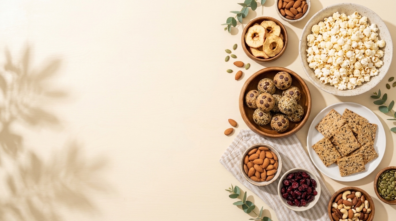 An overhead spread of soy-free snacks